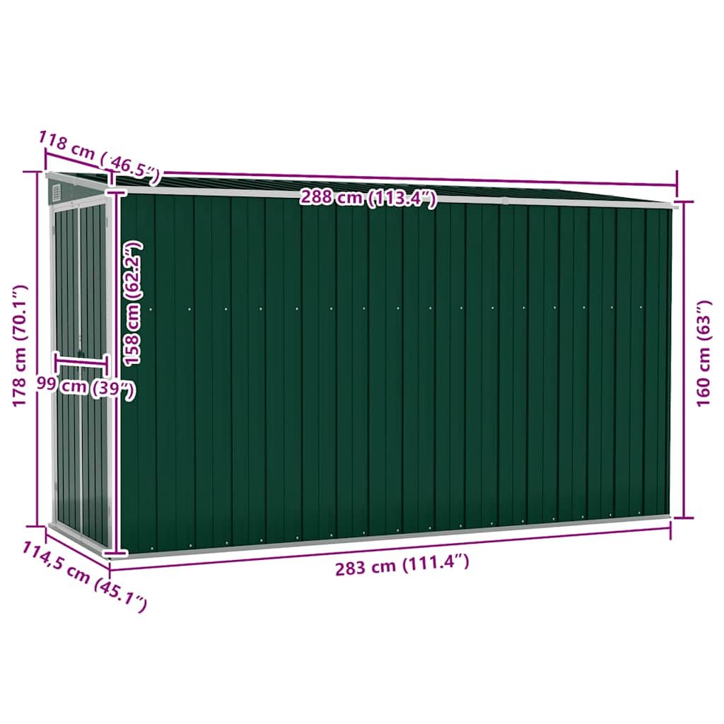 Cobertizo de jardín de pared de acero galvanizado verde 118 x 288 x 178 cm con doble puerta con cerradura para herramientas, bicicletas, cortacésped, muebles y protección contra la intemperie