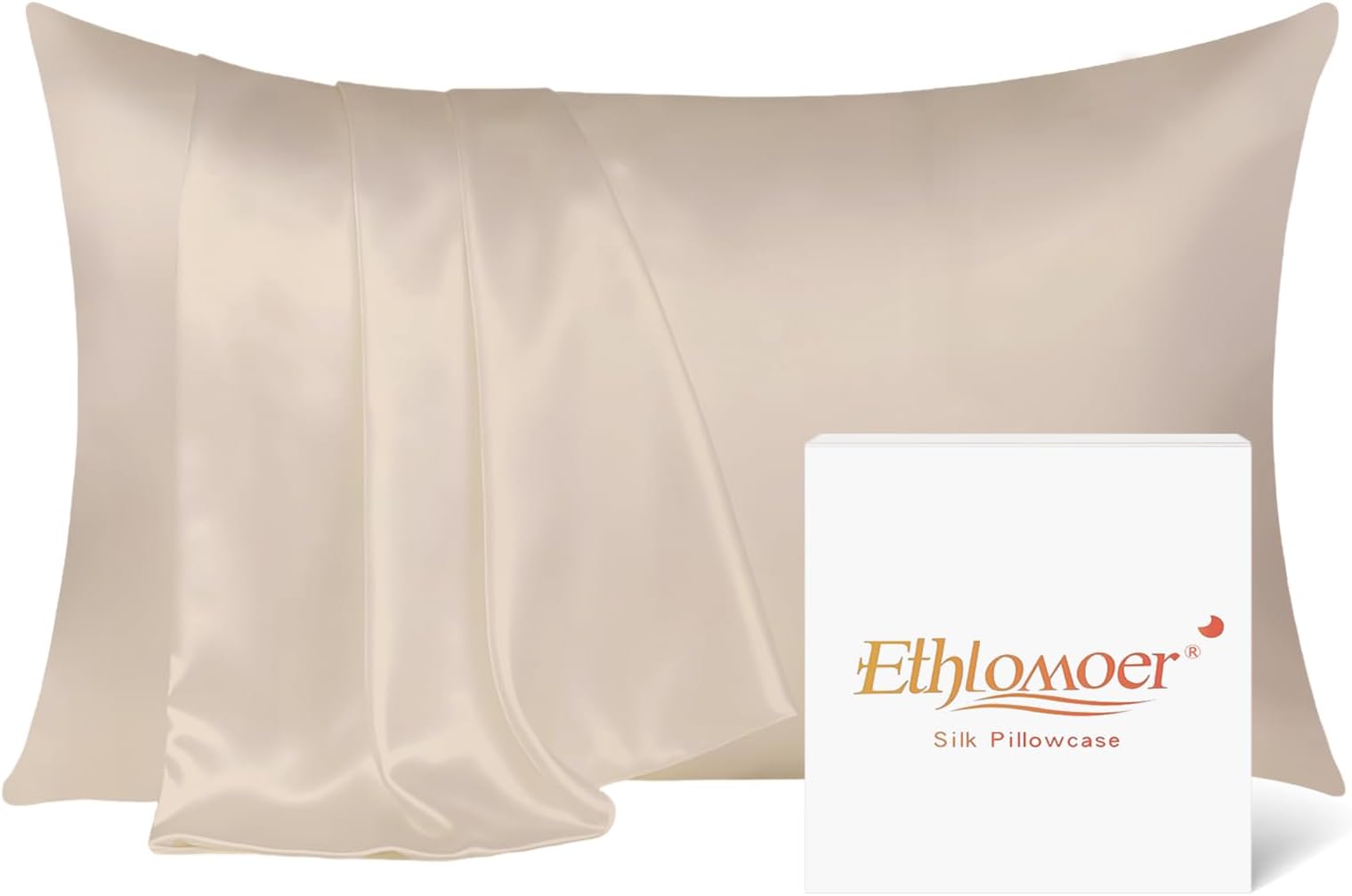 Ethlomoer Natural Pure Silk Pillowcase for Hair and Skin, Both Side 19mm, Hypoallergenic, 600 Thread Count, Smooth Silk Pillow case with Hidden Zipper, Gifts for Women Men, 50x75 cm (Beige)