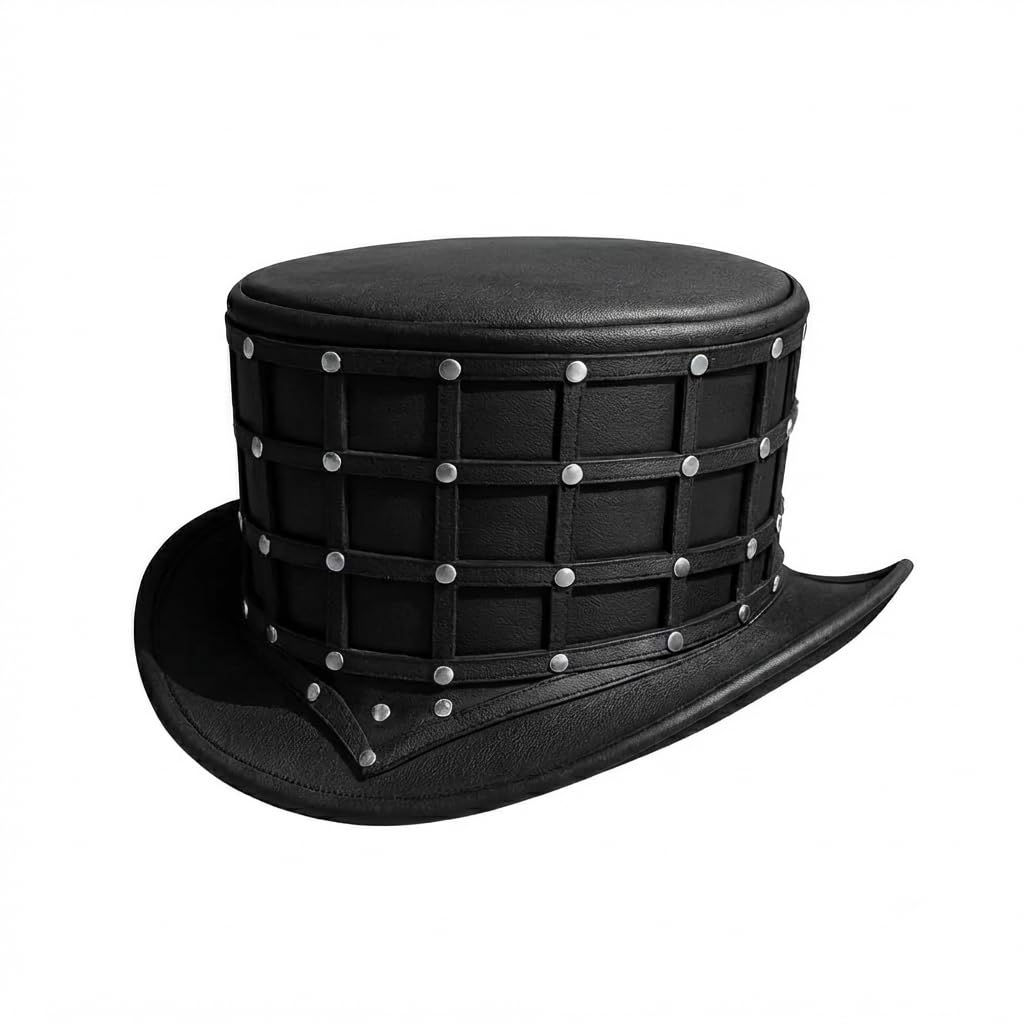 Sombrero de cuero – Diseño de rejilla negra con detalles de tachuelas, estilo gótico para cosplay, fiestas y eventos temáticos