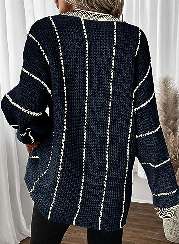 Image of Dokotoo Womens Oversized Striped Tunic Sweaters Casual V Neck Long Sleeve Color Block Knit Pullover Jumper Tops