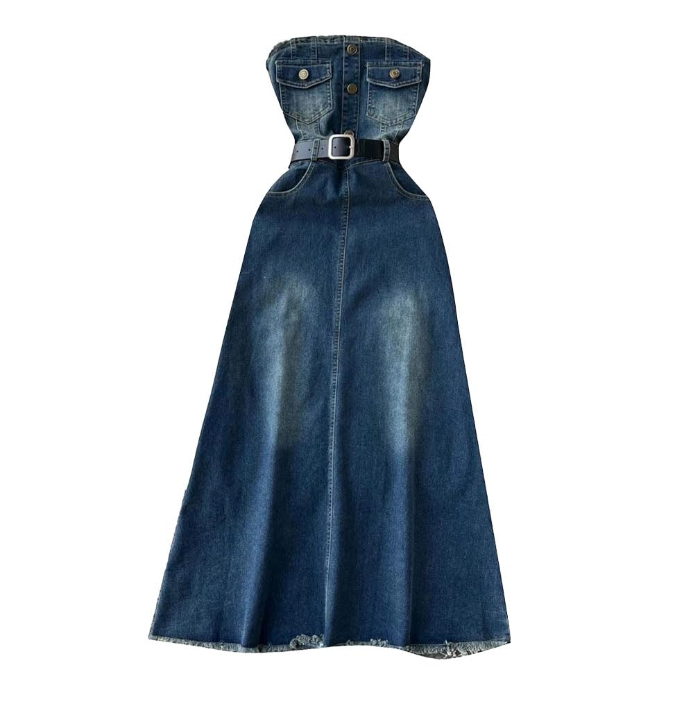 Womens Vintage High Waist A Line Denim Midi Skirt with Frayed Hem Trendy Slimming Long Skirt