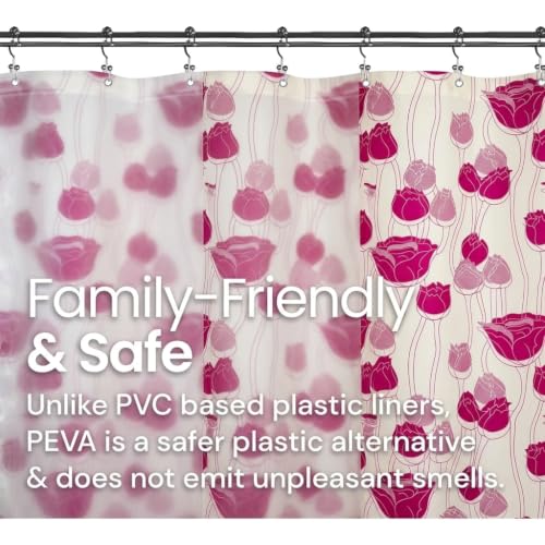 Image of Shower Curtain 7 Feet | Waterproof PVC Printed Bathroom Curtain with 8 Rings | Transparent Stone Print Bathtub Curtain | Extra Long Bathroom Liner, Waterproof & Easy to Clean (Pink Rose,Pack Of 1)