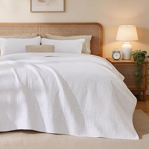 Loves cabin Queen Size Cotton Quilt Set 100% Cotton Fabric Striped Textured Coverlet with Crinkled Look Lightweight Quilted Bedspread for All Season Includes 2 Pillow Shams White