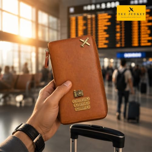 Image of The Junket Personalised Zipper Family Travel Passport Holder Organizer | Holds Up to 3 Passports | Water-Resistant Faux Leather Document Organizer Wallet (Tan)