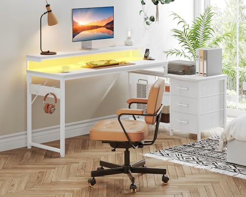 Scrivania Angolare con Cassetti, 174x100cm Scrivania Gaming a L con LED e Porta USB e Presa di Corrente, Scrivania per Ufficio con Ripiano, Scrivania ad Angolo per Computer, Bianca - Sedia gaming - Immagine 3