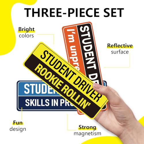 Image of 3pcs Student Driver Magnet for Car, 9.92x3.39in Reflective Magnetic Bumper Sticker 3 Styles Novice Rookie Safety Attention Sign New Driver Signs for Novice Drivers