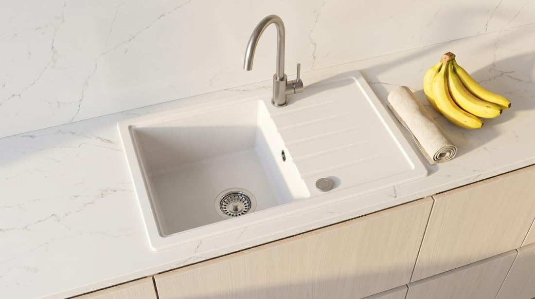 Fregadero AXION Una Cubeta Fregadero De Granito 68x49x19,5cm Blanco, Fregadero De Cocina De Diseño Elegante Con Sifón, Escurridor, Fácil De Limpiar, Resistente A Los Arañazos