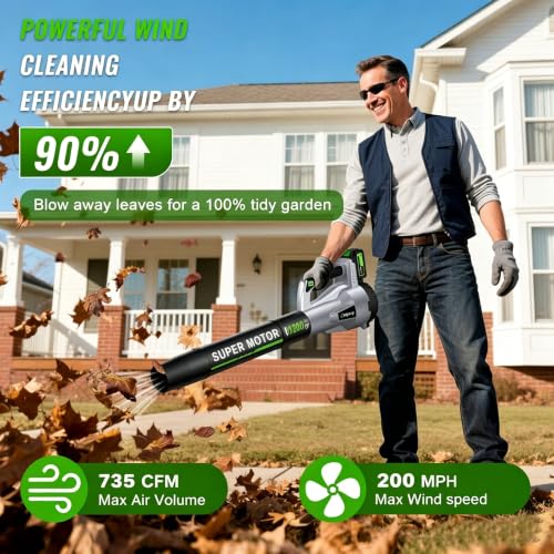 Image of CEEPUY Brushless Cordless Leaf Blower, 735CFM Electric Leaf Blower with 2x6.0Ah Batteries & Fast Charger, 6 Speed Levels, Lightweight Battery Leaf Blower for Lawn Care, Yard, Garden, Patio - Dark gray