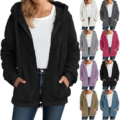 Womens Fleece Jacket Fall Winter Oversized Lightweight Zip Up Hooded Fuzzy Casual Coats With Pockets Outerwear