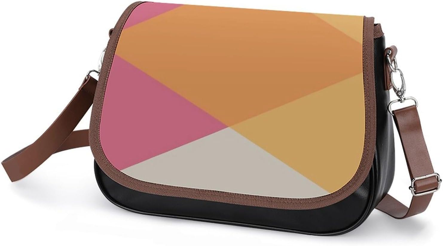 Mid Century Vintage Geometric PatternWomen's Faux Leather Crossbody Bag, Waterproof Wrinkle-Resistant Shoulder Bag with Detachable Strap, Large Capacity Casual Handbag, Fashion Daily Purse for Shoppin