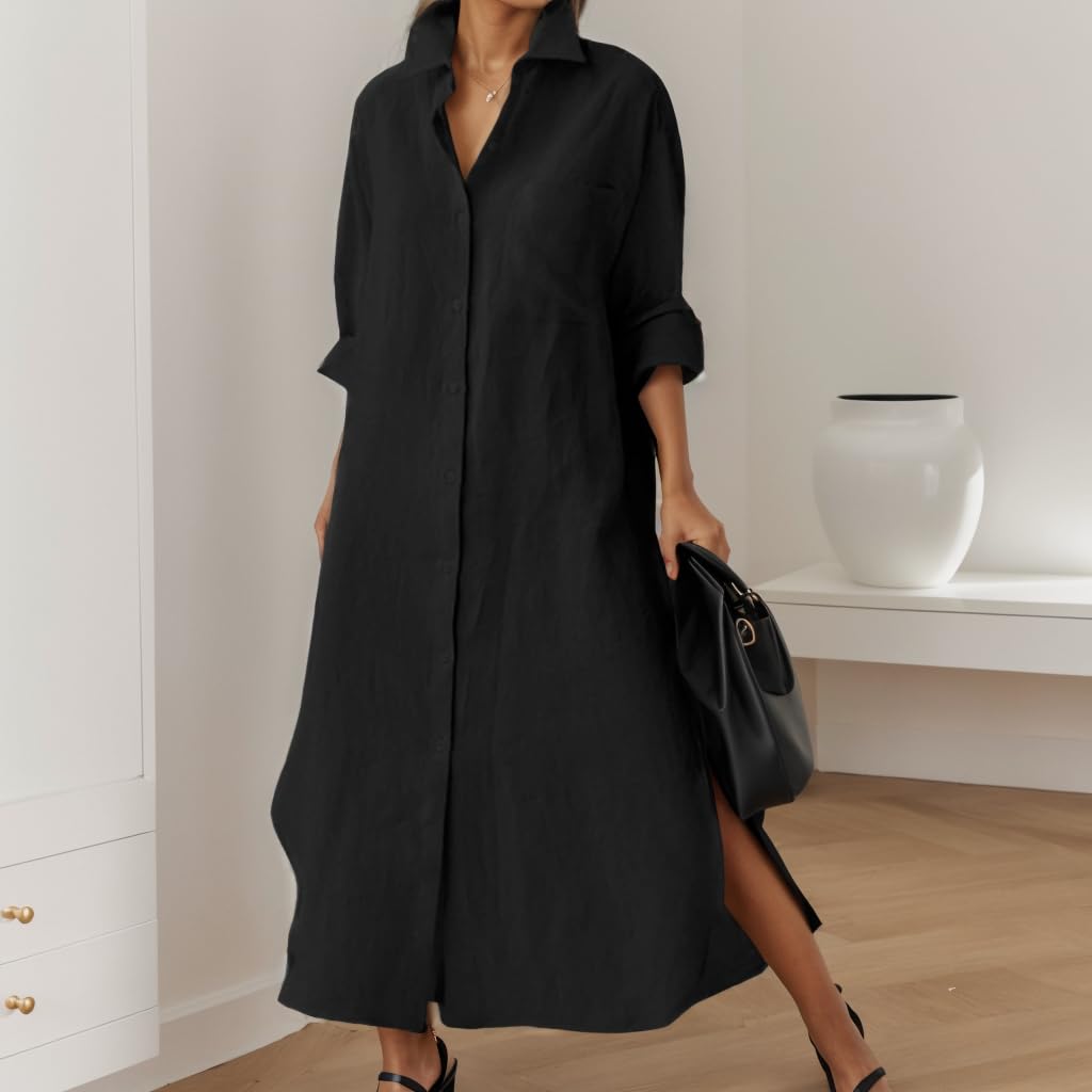 TIAFORD Vestido camisero de lino y algodón para mujer, casual, holgado, cuello en V, con botones, vestido largo holgado de lino de manga larga