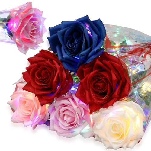 Riceshoot 6 Pcs Light Up Rose for Women LED Artificial Silk Flowers Faux Lighted Forever Flowers Gifts for Wife Mom Home Table Wedding Decoration Rose Party Favors (Red Blue Pink Purple Champagne)