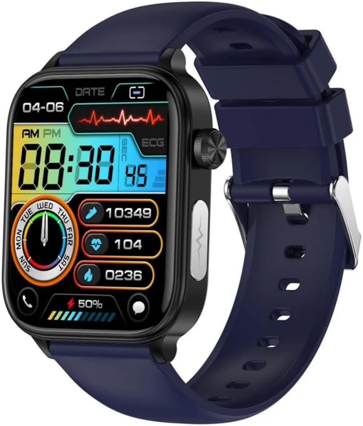 Ethelred Smart Watch ET570, front view with blue strap and digital display showing time, date, and health metrics.