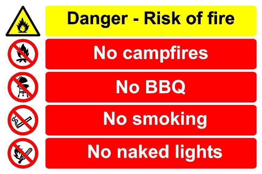 Danger risk of fire no campfires no BBQ no smoking no naked lights safety sign - 1mm flexible Plastic sign (600mm x 400mm)