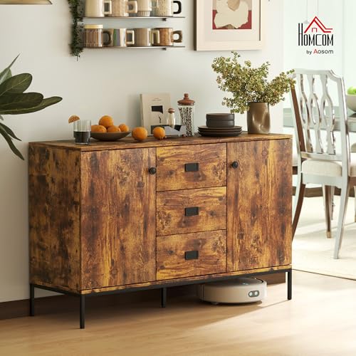HOMCOM Sideboard with 3 Drawers, Kitchen Cabinet, Modern Storage Cupboard with 2 Doors and Adjustable Shelves for Dining Room, Living Room, 120 x 39.5 x 77cm, Rustic Brown - Image 2