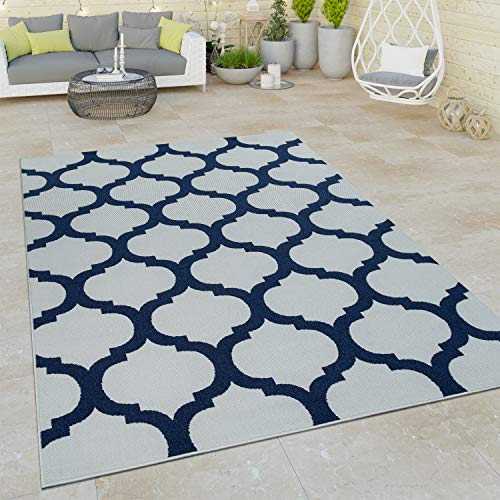 Paco Home Outdoor Indoor Teppich Weiß Blau 3D Optik Marokkanisches Design Flachgewebe, Grösse:80x150 cm