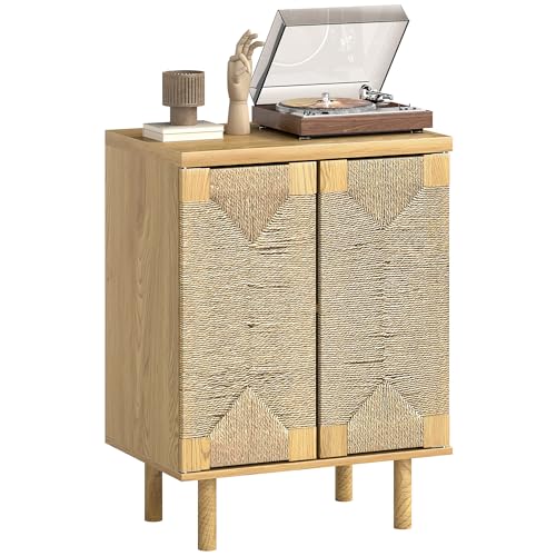 HOMCOM Aparador Bohemio de 2 Puertas con Cuerda Tejida a Mano, Aparador de Salón con Estante Ajustable, Apertura por Presión, Patas de Madera, Roble, 60x40x78 cm