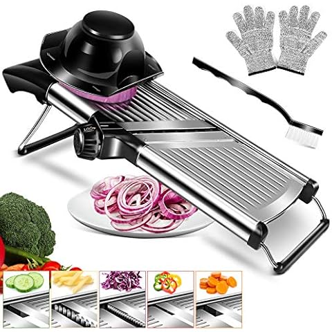 Mastertop Adjustable Mandoline Slicer, Stainless Steel Julienne Slicer with Cut Proof Gloves and Cleaning Brush, Professional Kitchen Mandoline for Vegetables, Potato, Onion, Cabbage, Fruit Cover