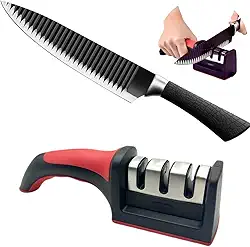 Conjunto Faca Shark Tubarão 8″ e Amolador Profissional – Kit para Cozinha, Churrasco, Aço Inox, 3 Estágios de Afiação, Corte Preciso e Durável