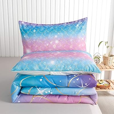 Roscloud Kids Mermaid Scale Twin/Full Comforter Sets Rainbow Girls Bedding Sets - Clolorful Scale Golden Border Diamonds… 519S1754pTL. SS400