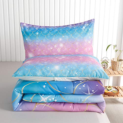 Roscloud-Kids-Mermaid-Scale-TwinFull-Comforter-Sets-Rainbow-Girls-Bedding-Sets-Clolorful-Scale-Golden-Border-Diamonds-Pearl-Stars-Quilt-Set-Bedspread-7286-Inch-Comforter1-Pillowcase2 519S1754pTL