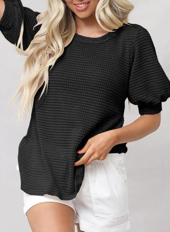 Dokotoo Womens Summer Tops 2025 Casual Crewneck Short Lantern Sleeve Blouse Waffle Knit Pullover Shirts - Image 4