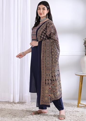 Image of Vbuyz Women Ajrakh With Yoke design Cotton Straight Kurta Set With Dupatta
