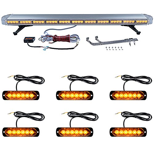 Astra Depot 51 inch Amber 96 LED Emergency Warning Beacon Strobe Light Bar + 6pcs Super Slim Brighter 6-LED Hazard Flashing Grille Light Bar Car Tow Truck Response Plow