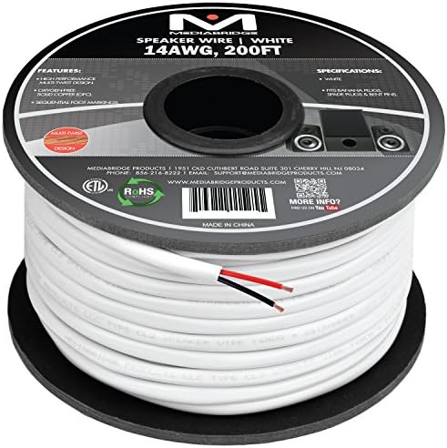 Mediabridge™ 14AWG 2-Conductor Speaker Wire (200 Feet, White) - 99.9% Oxygen Free Copper – ETL Listed & CL2 Rated for in-Wall Use (Part# SW-14X2-200-WH)