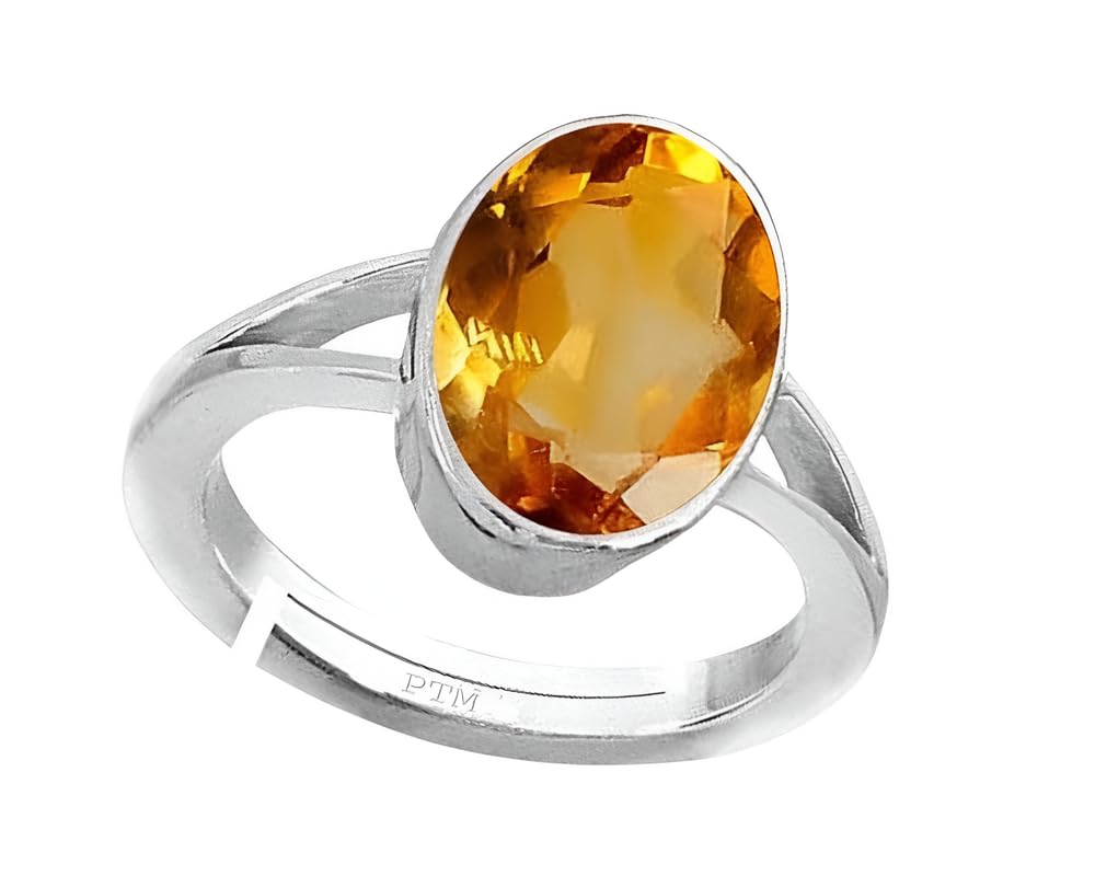 PTM Natural Citrine/Sunehla 3.25 to 10.25 Ratti or 3.00 to 9.50 Carat Astrological Certified Gemstone Pure Sterling Silver/925 bis Hallmark Adjustable Ring for Men Women