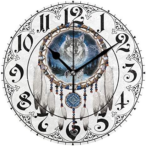 ALAZA Ethnic Tribal Wolf Wind Chimes Round Wall Clock, Silent Non Ticking Oil Painting Home Office School Decorative Clock Art