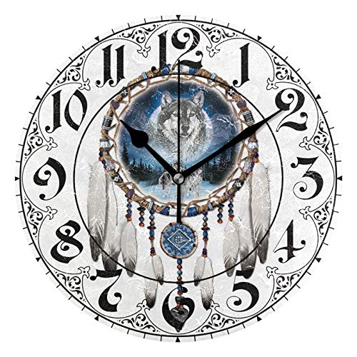 Alaza Ethnic Tribal Wolf Wind Chimes Round Wall Clock, Silent Non Ticking Oil Painting Home Office School Decorative Clock Art #TOP18