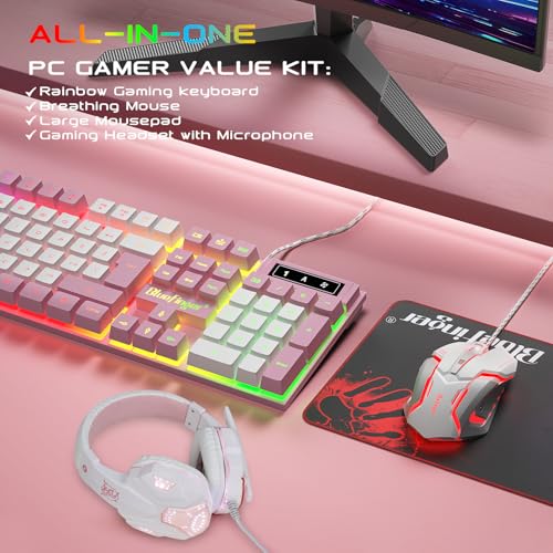 Image of BlueFinger RGB Gaming Keyboard and Backlit Mouse and Headset Combo, USB Wired Backlit Keyboard, LED Gaming Mouse Set, Headset with Microphone for Laptop PC Computer Game and Work (Pink & White)
