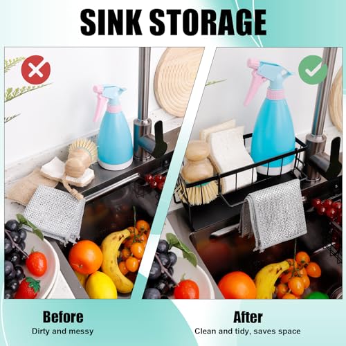 GSrenyu Kitchen Sink Caddy Organizer, Kitchen Organiser, Washing up Organiser with Drip Tray, Sink Organizer with Towel Rack, For Storing Dish Cloths, Sponges, Soap and Brushes (Black) - Image 5