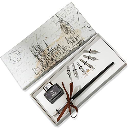 FGX Pluma Estilografica Conjunto, Conjunto De Pluma Conjunto De Bolígrafo, Plumas De Madera Para Caligrafía Y Tinta Negra, Tinta Pluma Caligrafía Escritura Con 6pcs Plumillas De Acero Inoxidable (A)