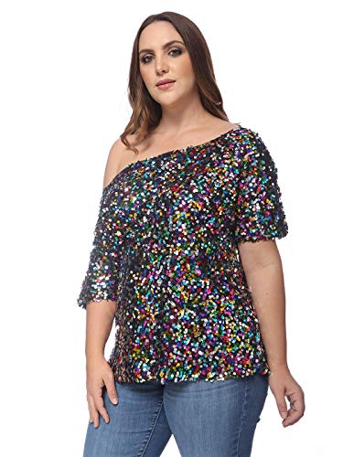Anna-Kaci Women's Plus Size Sequin Sexy One Shoulder Short Sleeve Party Club Top4