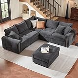 Vesgantti U Shaped Sofa with Storage, Modular Corner Couch for Living Room, Soft Dark Grey Chenille Sofa Sectional with Ottoman, Comfortable Deep Seats Couch Set, 2C2 Corner+Ottoman