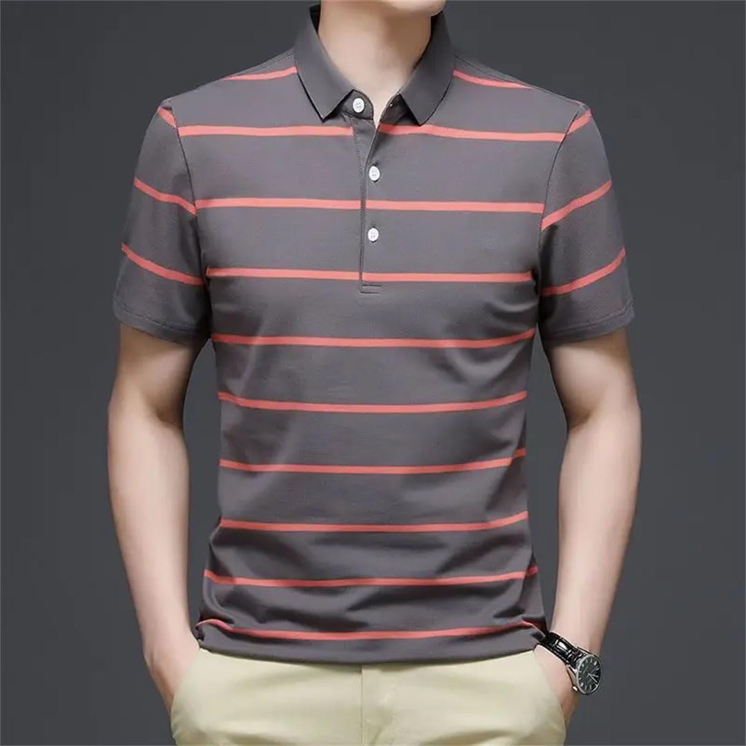 Polo de manga corta para hombre, a rayas, de algodón, con solapa, holgado, de secado rápido, para negocios