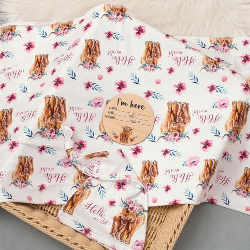 Image of Ylsteed Baby Highland Cow Swaddle Blanket and Headband Set, Newborn Receiving Blanket Swaddle Wrap for Girls and Boys, Swaddling Blankets Neutral for Newborn 32 * 32 in (Highland Cow Pink)