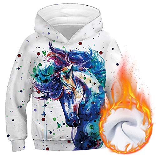 Loveternal 3D Druck Hoodie Kinder Farbiges Pferd Kapuzenpullover Langarm Casual Sweatshirt für Jungen Mädchen Schwarz XL