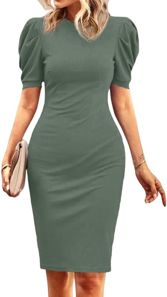 Cicy Bell Women's Puff Sleeve Bodycon Work Dresses Crew Neck Business Casual Office Pencil Dress - Image 2
