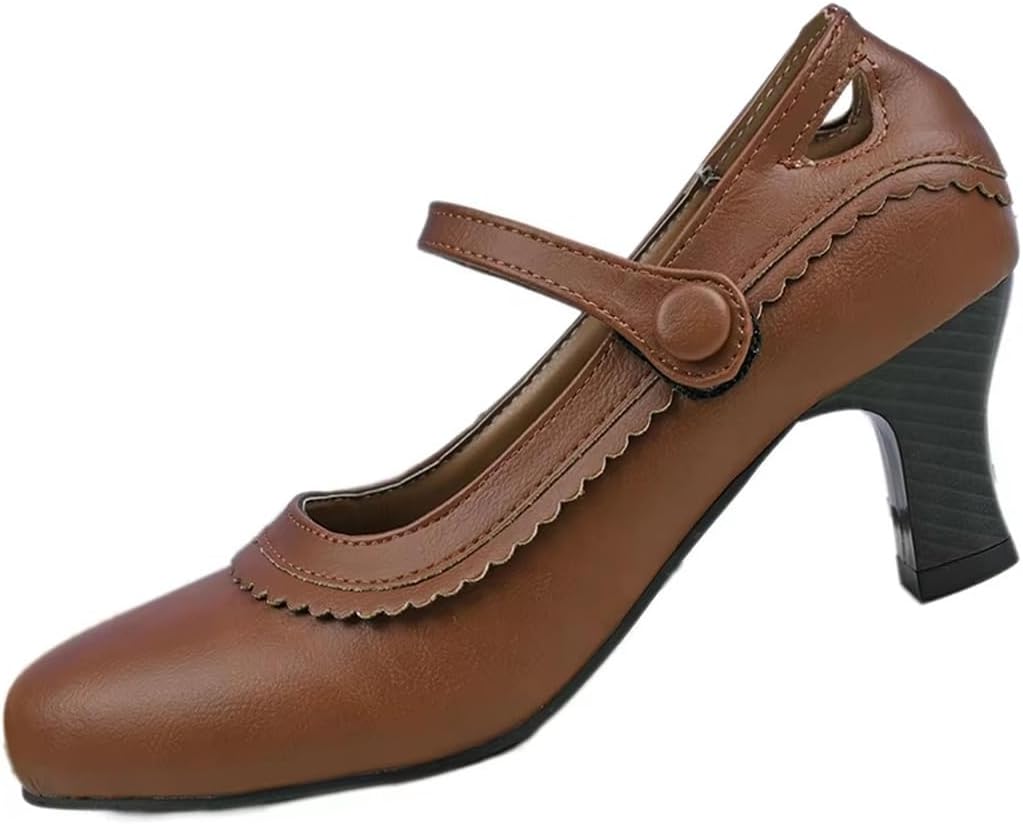 Women's Retro Round Toe Mary Jane Heels, Chunky Low Block Heel Ankle Strap Pumps, Comfort Orthopedic Dress Shoes for Wedding Cocktail Party