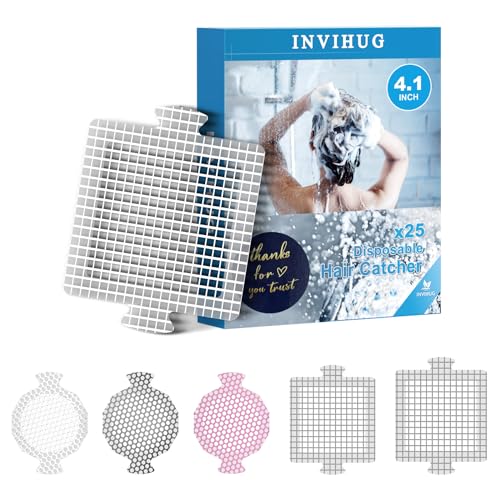 INVIHUG,25 Pack, Disposable Shower Drain Hair Catcher Mesh Stickers,Disposable Hair Drain Catcher. (4.1inch Square)