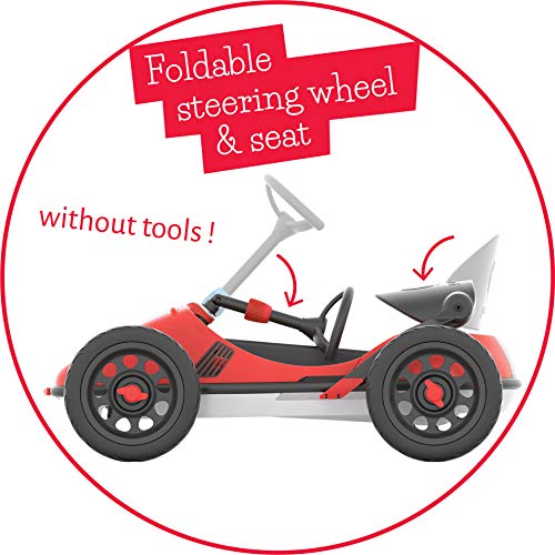 Chillafish Monzi RS: Pedal Go-Kart for Kids 3-7 Years, Folds Down for Easy Storage and Adjustable Seat Without Tools, Airless no-Puncture RubberSkin Tires, and Wall Mount for Easy Storage, Red