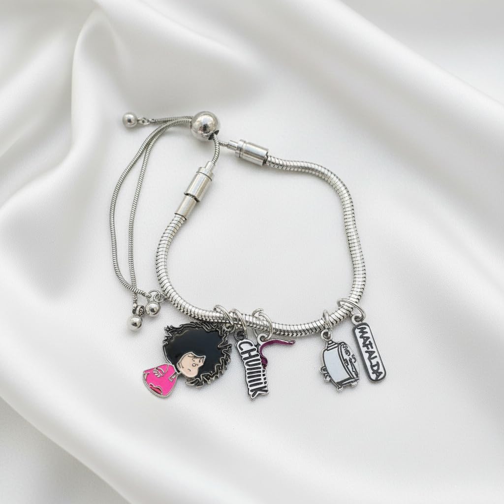 Pulsera con Charms Mafalda Despeinada - Licencia Oficial Quino, Rosa, Acero Inoxidable, Estilo Serpiente, Talla Única