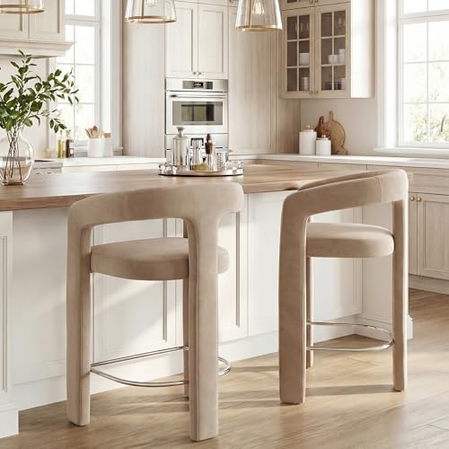 Image of HNY Modern Barrel Bar Stools Set of 2, 26 Inch Upholstered Velvet Counter Height Barstools with Open Back and Armrests, for Kitchen Island, Home Bar, Dining Room, No Assembly, Khaki