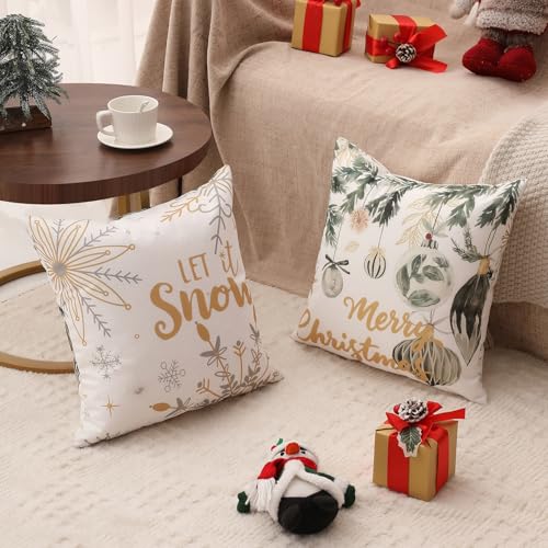 Double-Sided Print Christmas Pillow Covers 20"x20" Set of 4, 8 Cute Christmas Patterns, Tree, Merry Christmas, Truck, Merry & Bright, Let It Snow, Etc, Perfect for Home Decor
