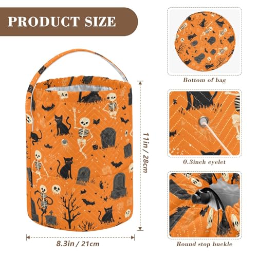 Image of ElliTarr Crochet Bag Yarn Bag with Handle Portable Knitting Project Bag Travel Yarn Storage Organizer Holder Case Halloween Orange Skeletons Cat Bats Tombstones Trees
