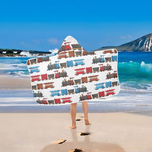 Image of Kids Beach Towel for Boys Girls, Cartoon Trains Bath Towel Wrap, Baby Hooded Towels, Toddler Soft Pool Swim Towels