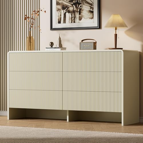 Image of Furniway Bedroom Dresser Set 3 Piece, 6 Drawer Curved Dresser with 2 Nightstands, Modern Fluted Wood Storage Cabinet, White Chest of Drawers with Pop-Up Design, Beige